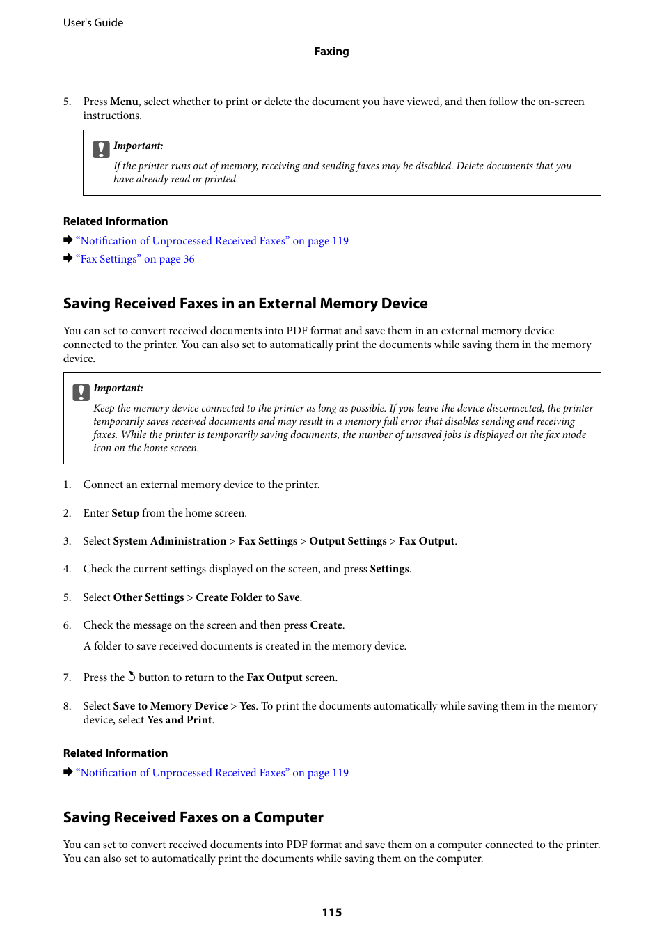 Saving received faxes on a computer | Epson WorkForce Pro WF-R8590 DTWF User Manual | Page 115 / 243