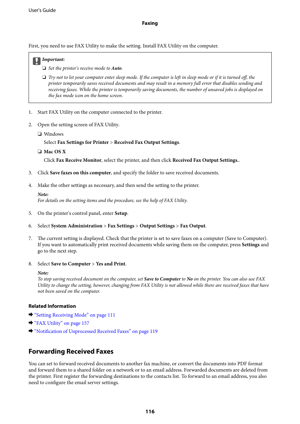 Forwarding received faxes | Epson WorkForce Pro WF-R8590 DTWF User Manual | Page 116 / 243