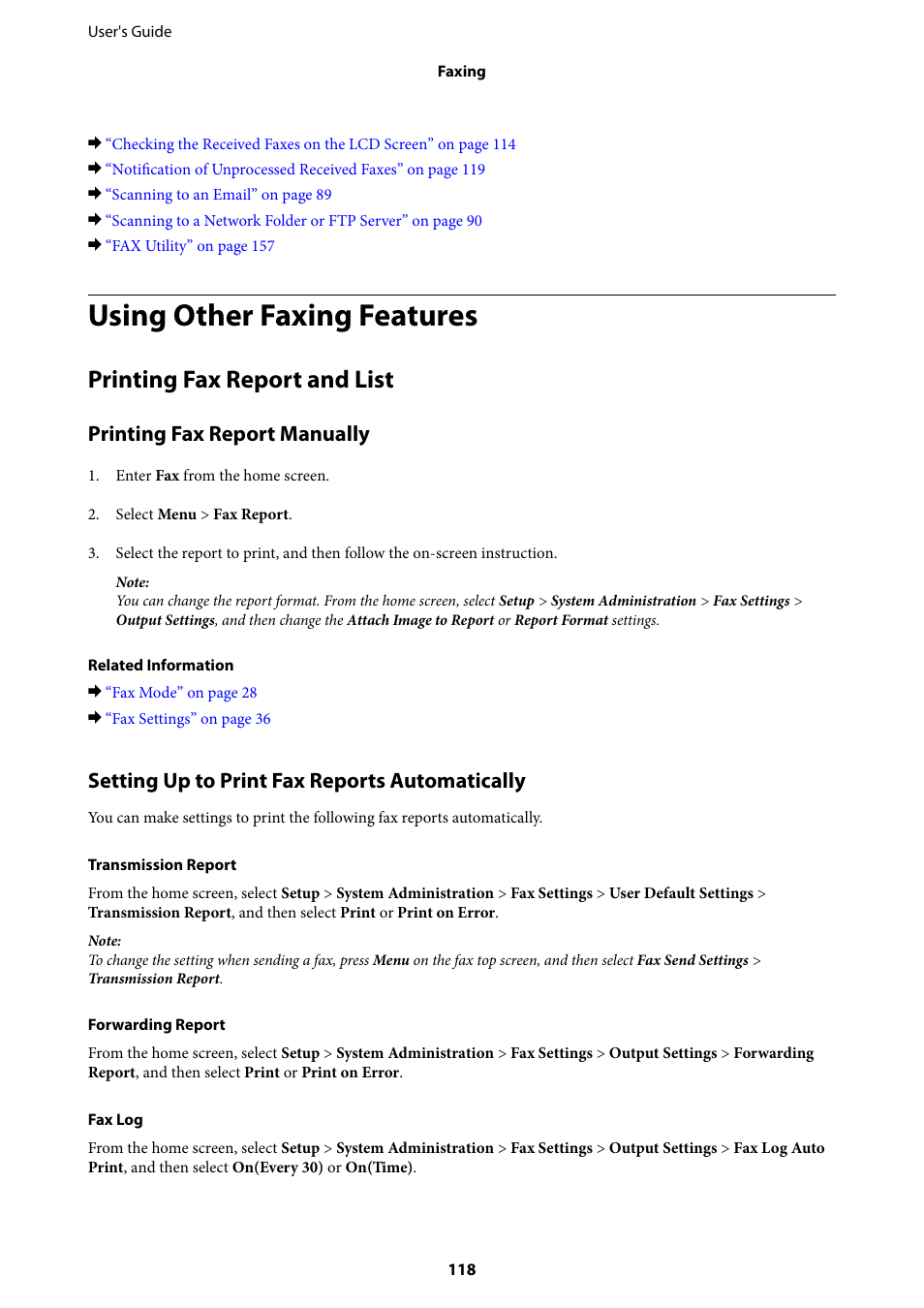 Using other faxing features, Printing fax report and list, Printing fax report manually | Setting up to print fax reports automatically | Epson WorkForce Pro WF-R8590 DTWF User Manual | Page 118 / 243