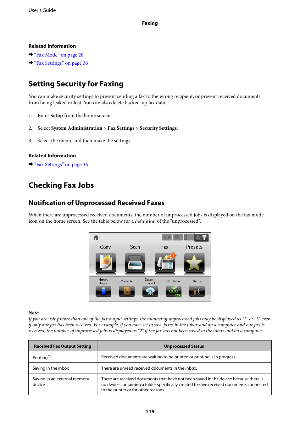 Setting security for faxing, Checking fax jobs, Setting security for faxing checking fax jobs | Notification of unprocessed received faxes | Epson WorkForce Pro WF-R8590 DTWF User Manual | Page 119 / 243