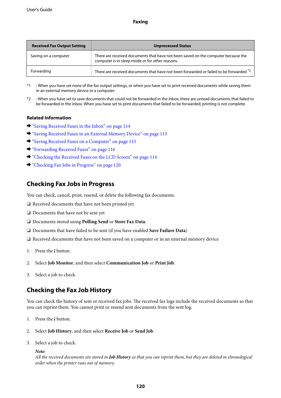 Checking fax jobs in progress, Checking the fax job history | Epson WorkForce Pro WF-R8590 DTWF User Manual | Page 120 / 243