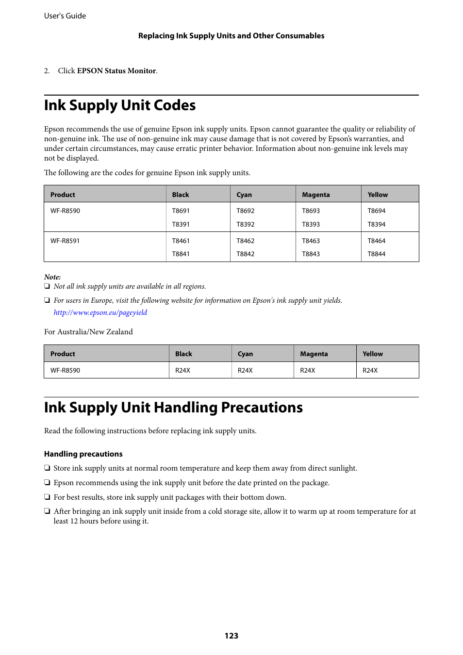 Ink supply unit codes, Ink supply unit handling precautions | Epson WorkForce Pro WF-R8590 DTWF User Manual | Page 123 / 243