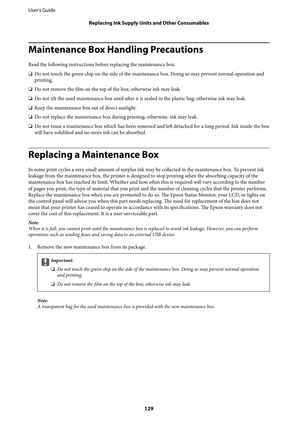 Maintenance box handling precautions, Replacing a maintenance box | Epson WorkForce Pro WF-R8590 DTWF User Manual | Page 129 / 243