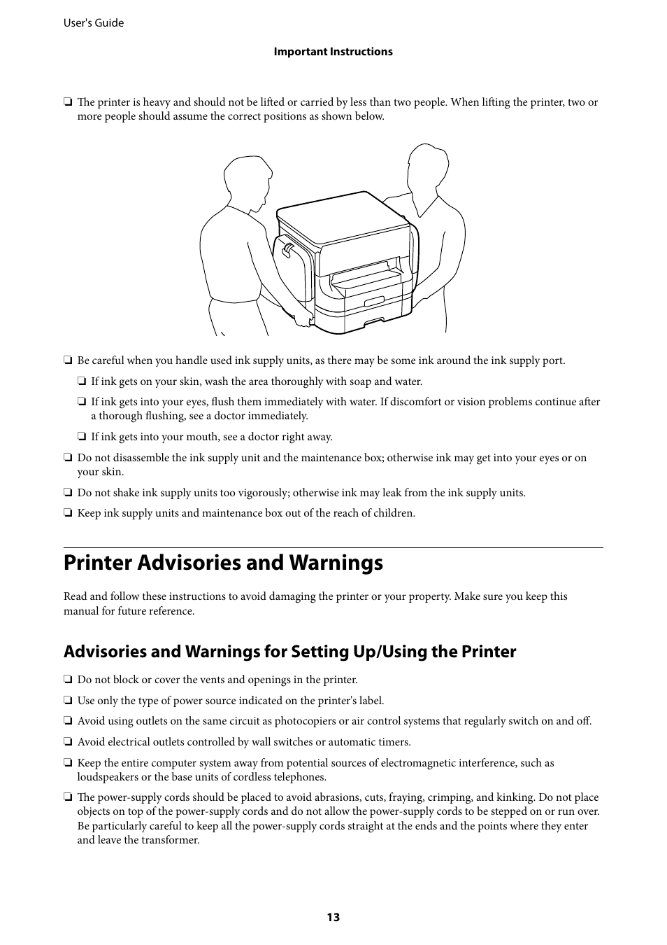 Printer advisories and warnings | Epson WorkForce Pro WF-R8590 DTWF User Manual | Page 13 / 243