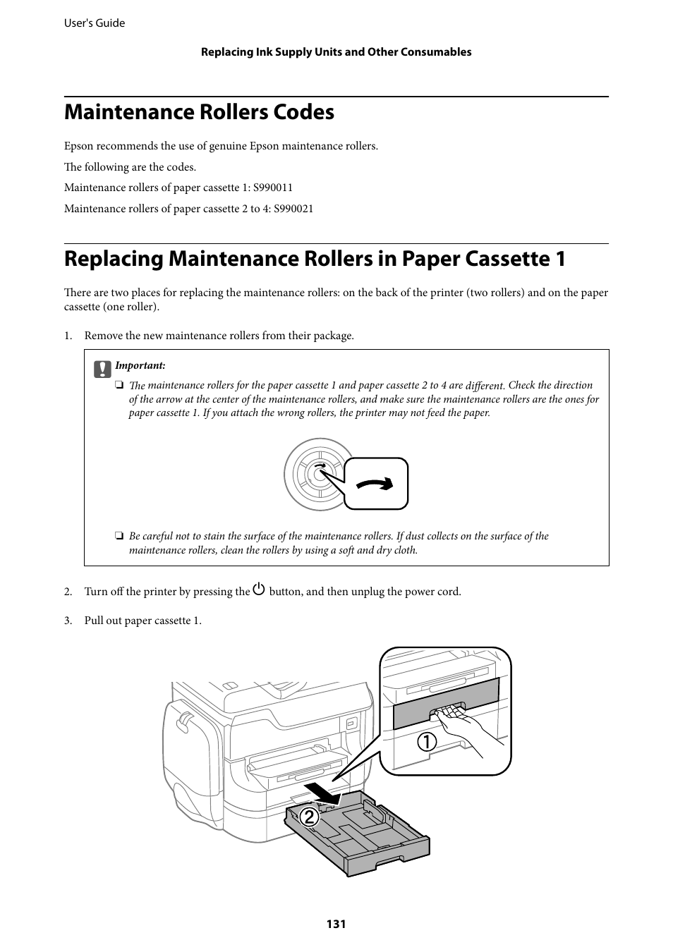 Maintenance rollers codes, Replacing maintenance rollers in paper cassette 1 | Epson WorkForce Pro WF-R8590 DTWF User Manual | Page 131 / 243