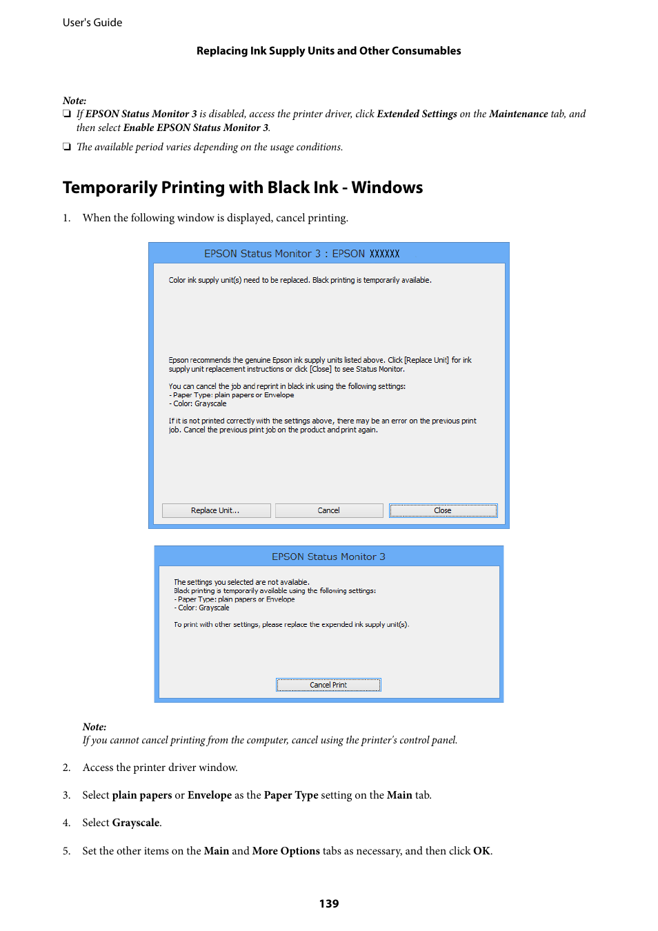 Temporarily printing with black ink - windows, Temporarily printing with black ink - windows 139 | Epson WorkForce Pro WF-R8590 DTWF User Manual | Page 139 / 243