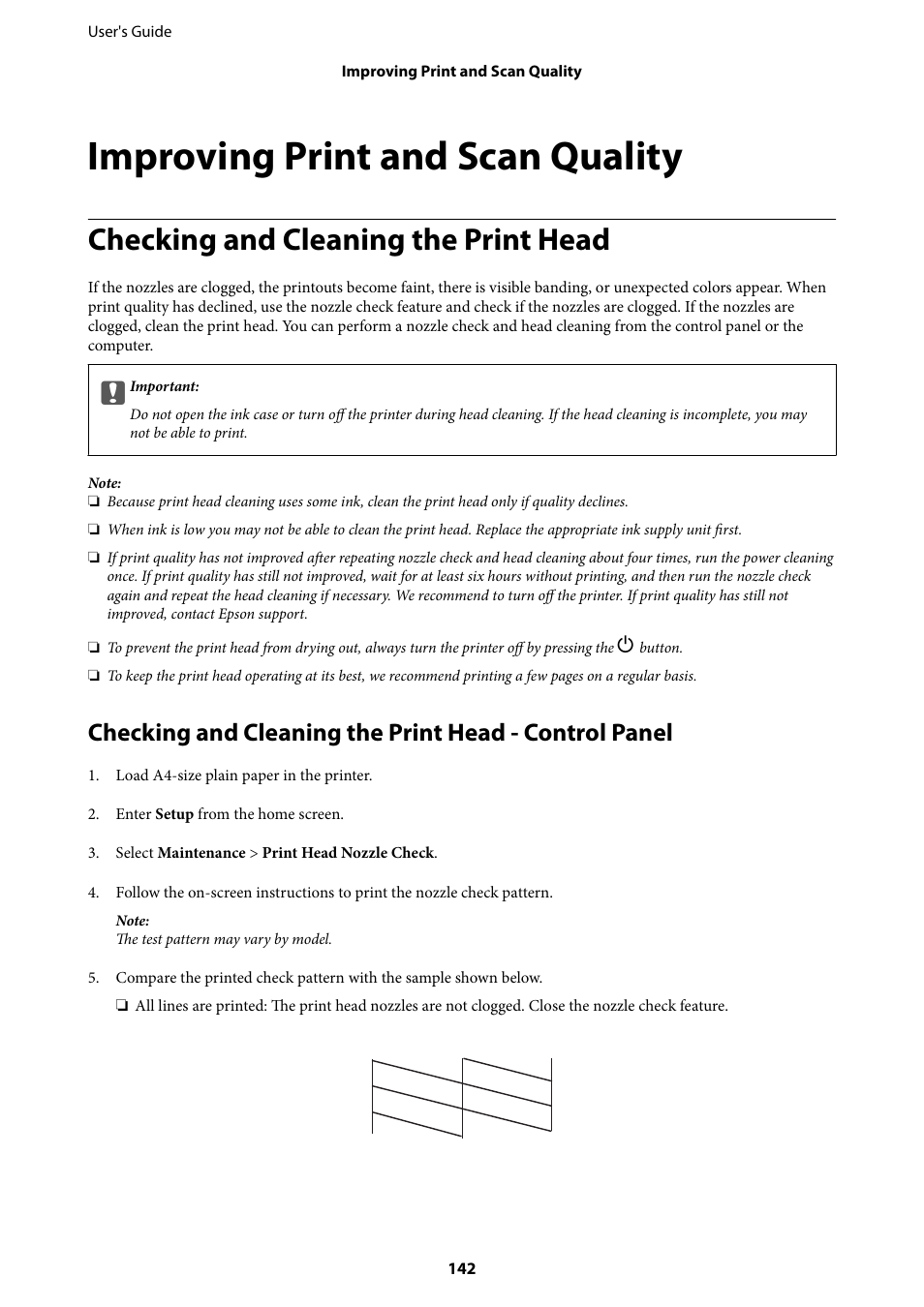 Improving print and scan quality, Checking and cleaning the print head | Epson WorkForce Pro WF-R8590 DTWF User Manual | Page 142 / 243