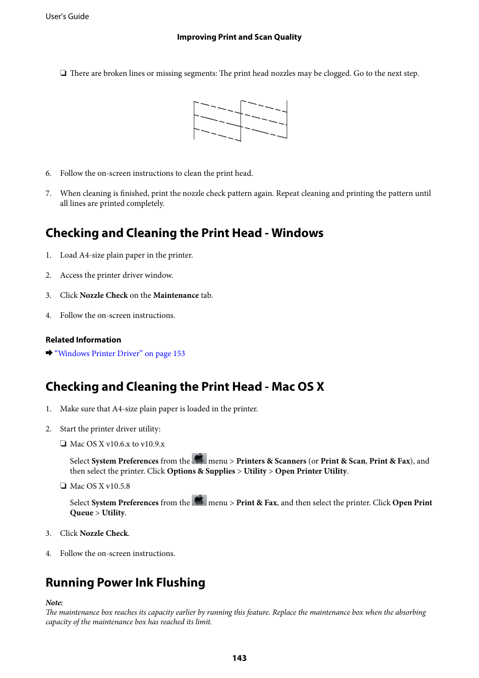 Checking and cleaning the print head - windows, Checking and cleaning the print head - mac os x, Running power ink flushing | Epson WorkForce Pro WF-R8590 DTWF User Manual | Page 143 / 243