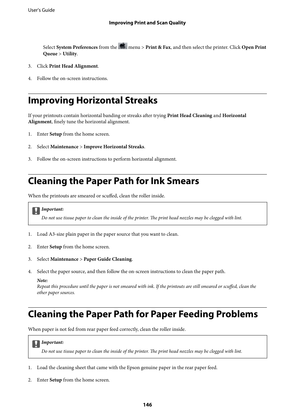 Improving horizontal streaks, Cleaning the paper path for ink smears, Cleaning the paper path for paper feeding problems | Epson WorkForce Pro WF-R8590 DTWF User Manual | Page 146 / 243