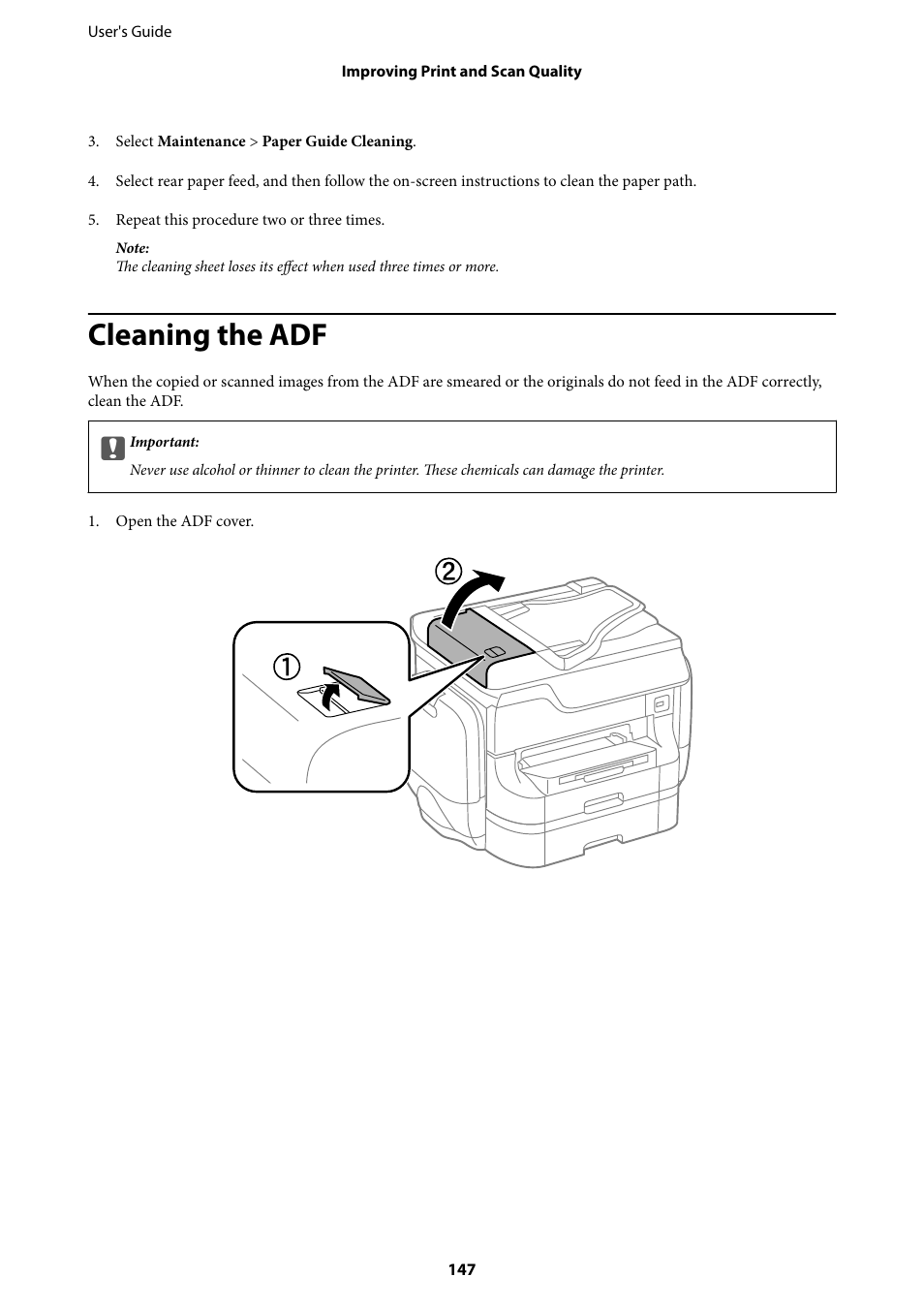 Cleaning the adf | Epson WorkForce Pro WF-R8590 DTWF User Manual | Page 147 / 243