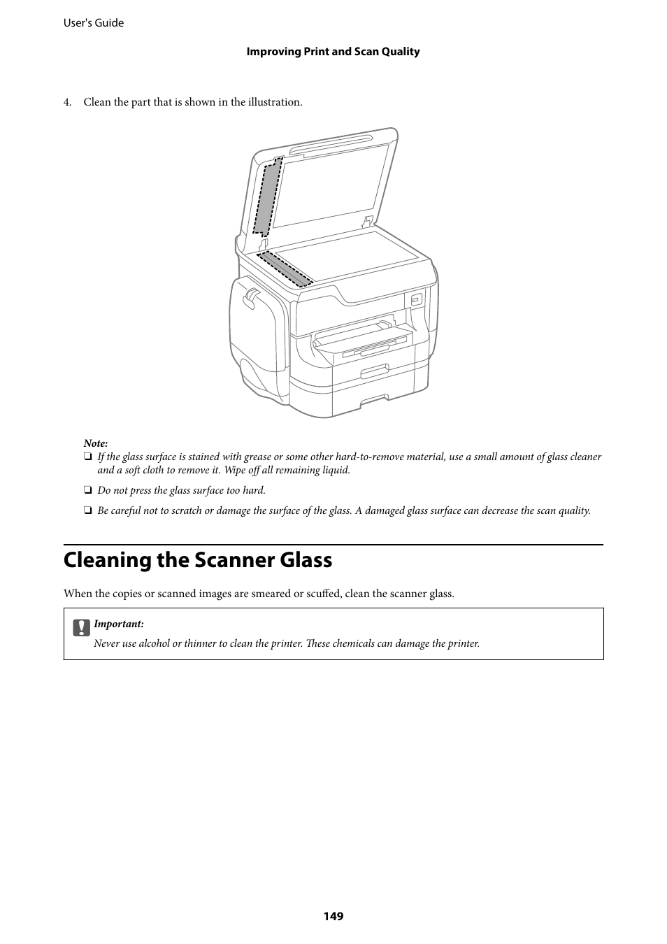 Cleaning the scanner glass | Epson WorkForce Pro WF-R8590 DTWF User Manual | Page 149 / 243