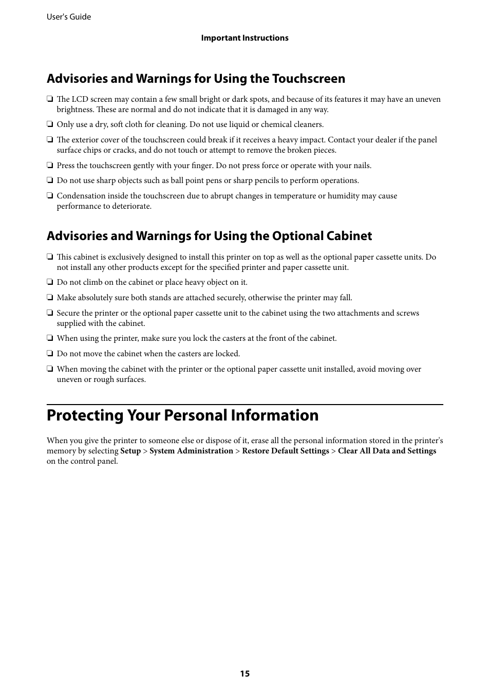 Advisories and warnings for using the touchscreen, Protecting your personal information | Epson WorkForce Pro WF-R8590 DTWF User Manual | Page 15 / 243