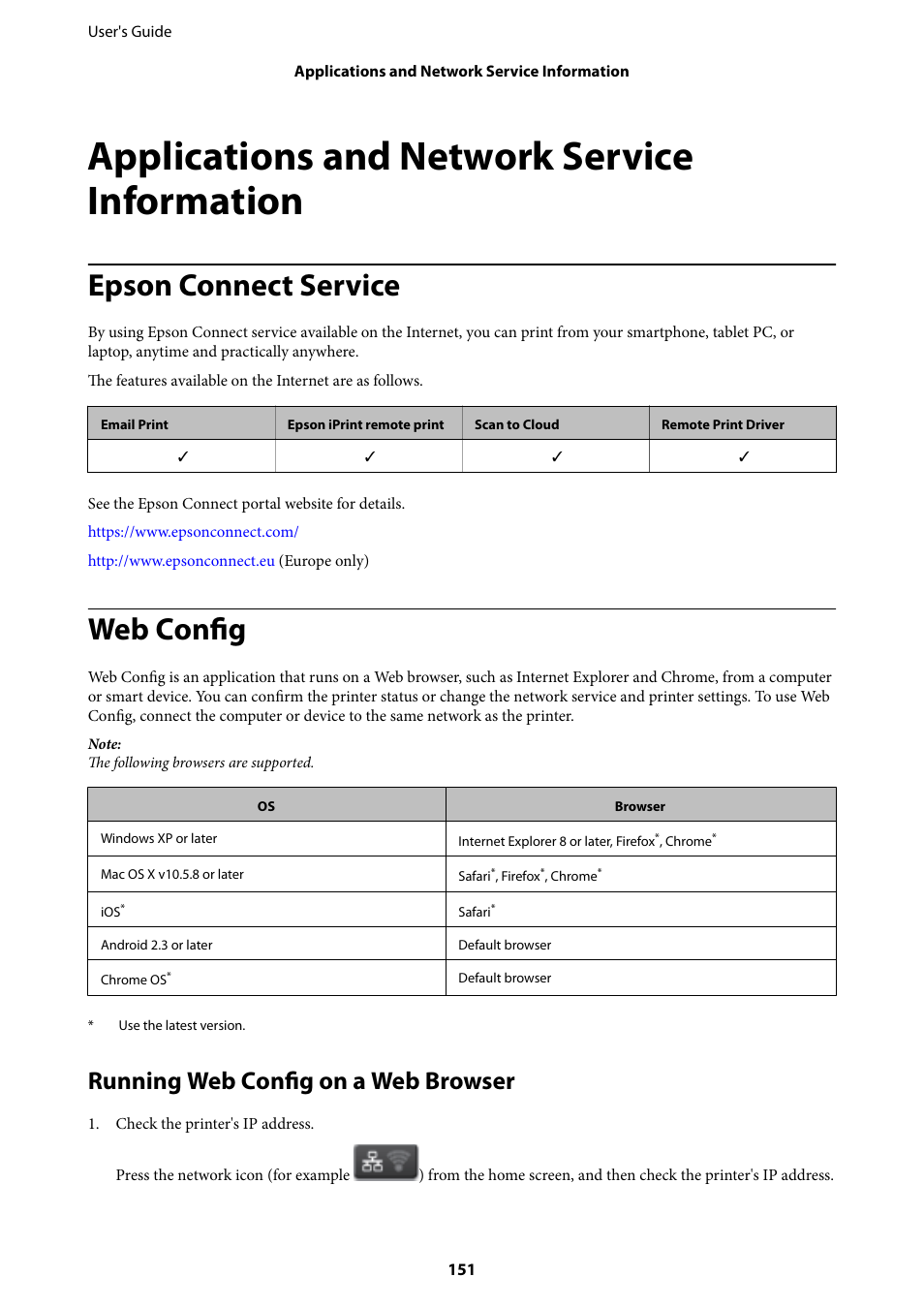 Applications and network service information, Epson connect service, Web config | Running web config on a web browser | Epson WorkForce Pro WF-R8590 DTWF User Manual | Page 151 / 243