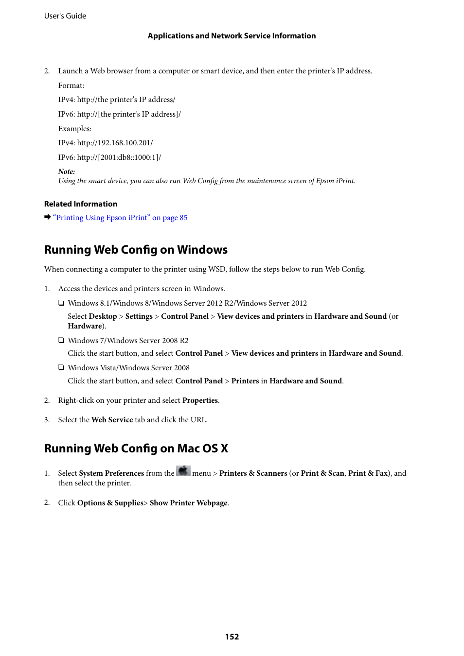 Running web config on windows, Running web config on mac os x | Epson WorkForce Pro WF-R8590 DTWF User Manual | Page 152 / 243