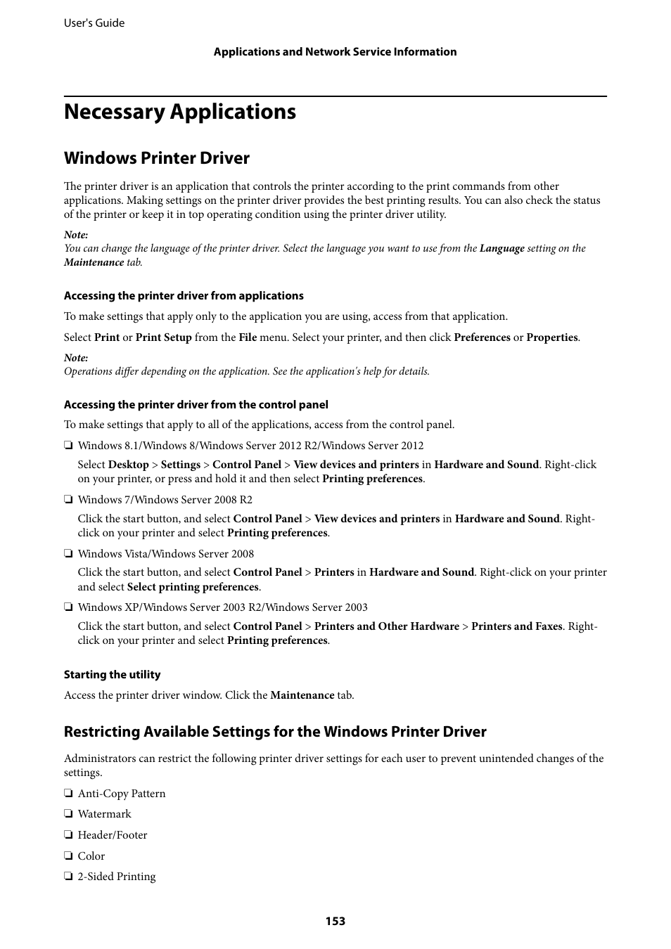 Necessary applications, Windows printer driver | Epson WorkForce Pro WF-R8590 DTWF User Manual | Page 153 / 243