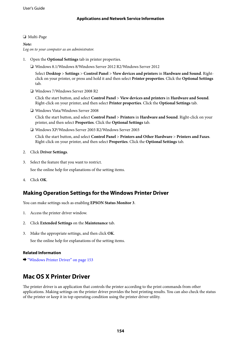 Mac os x printer driver | Epson WorkForce Pro WF-R8590 DTWF User Manual | Page 154 / 243