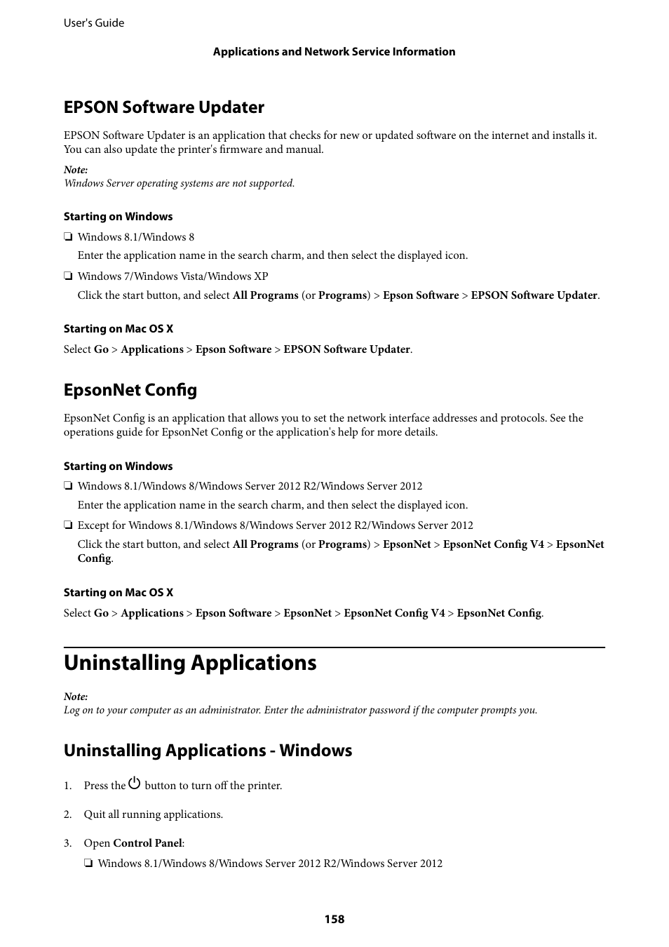 Epson software updater, Epsonnet config, Uninstalling applications | Uninstalling applications - windows, Epson software updater epsonnet config | Epson WorkForce Pro WF-R8590 DTWF User Manual | Page 158 / 243