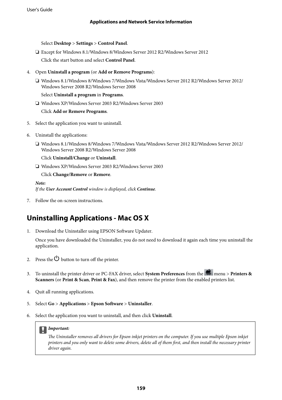 Uninstalling applications - mac os x | Epson WorkForce Pro WF-R8590 DTWF User Manual | Page 159 / 243