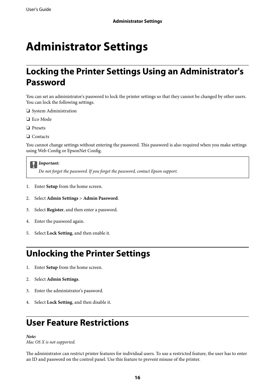 Administrator settings, Unlocking the printer settings, User feature restrictions | Epson WorkForce Pro WF-R8590 DTWF User Manual | Page 16 / 243