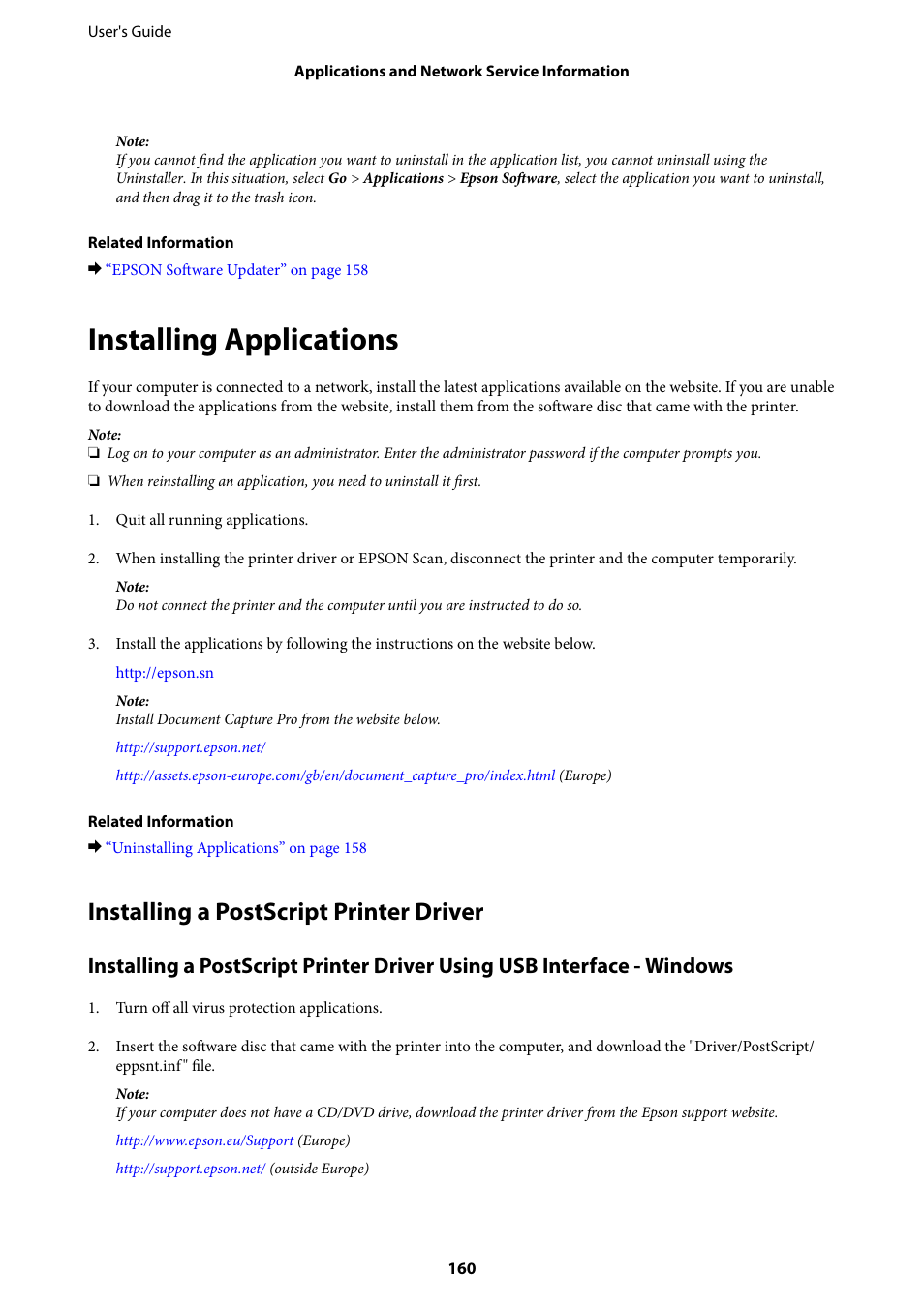 Installing applications, Installing a postscript printer driver | Epson WorkForce Pro WF-R8590 DTWF User Manual | Page 160 / 243