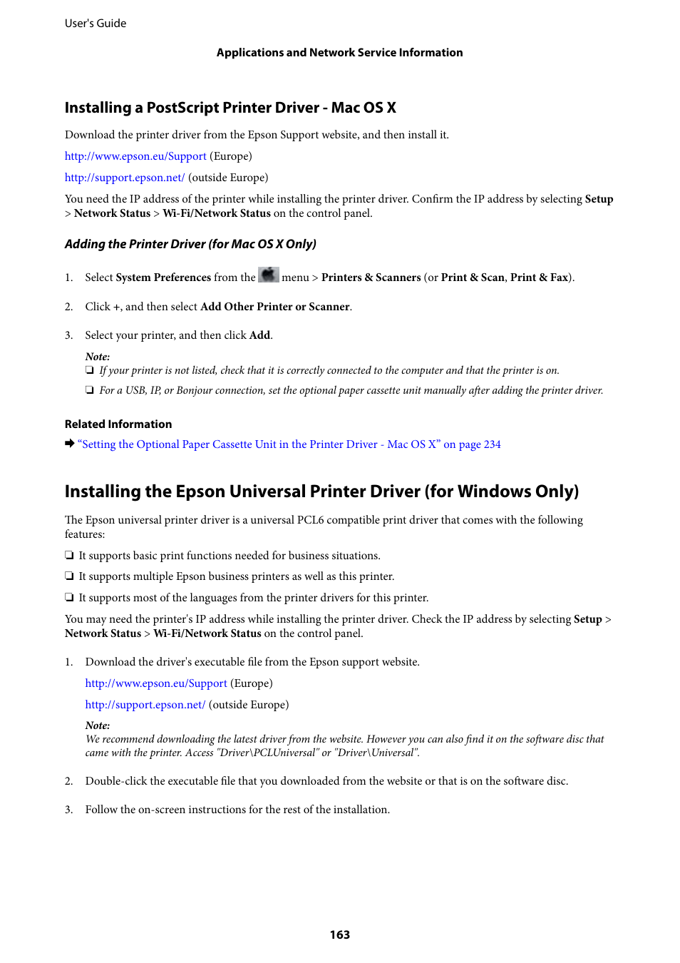 Installing a postscript printer driver - mac os x | Epson WorkForce Pro WF-R8590 DTWF User Manual | Page 163 / 243