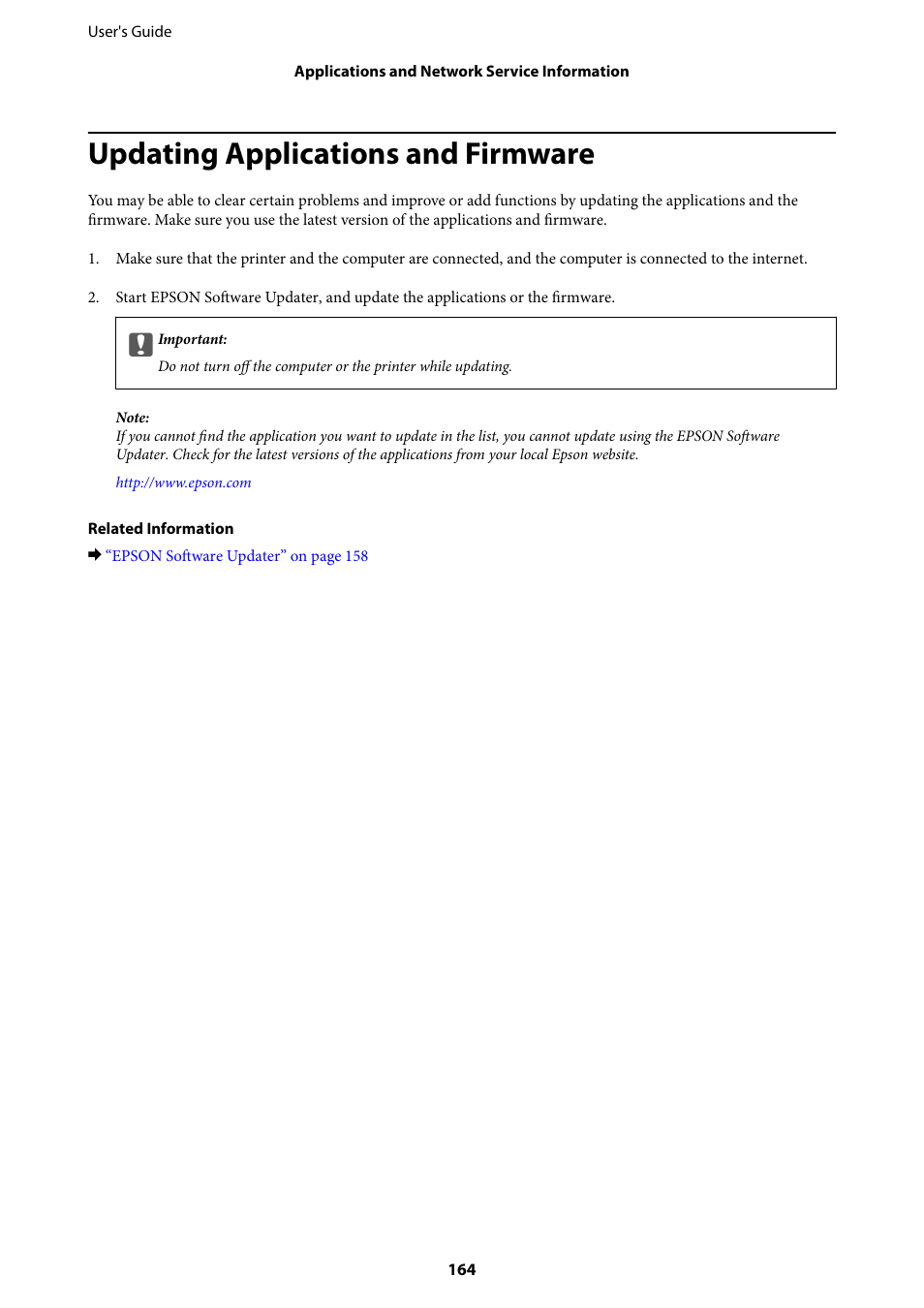 Updating applications and firmware | Epson WorkForce Pro WF-R8590 DTWF User Manual | Page 164 / 243