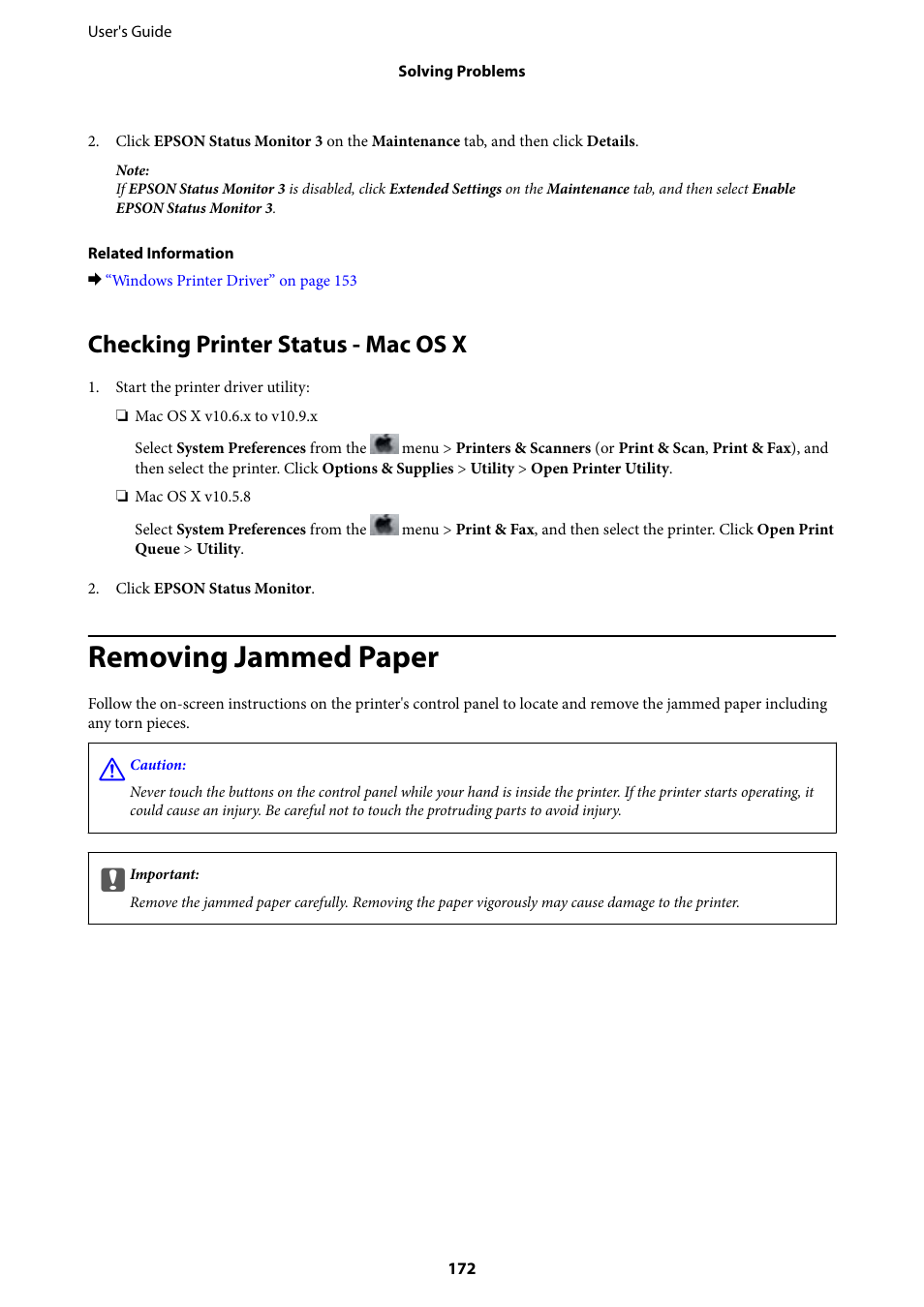 Checking printer status - mac os x, Removing jammed paper | Epson WorkForce Pro WF-R8590 DTWF User Manual | Page 172 / 243