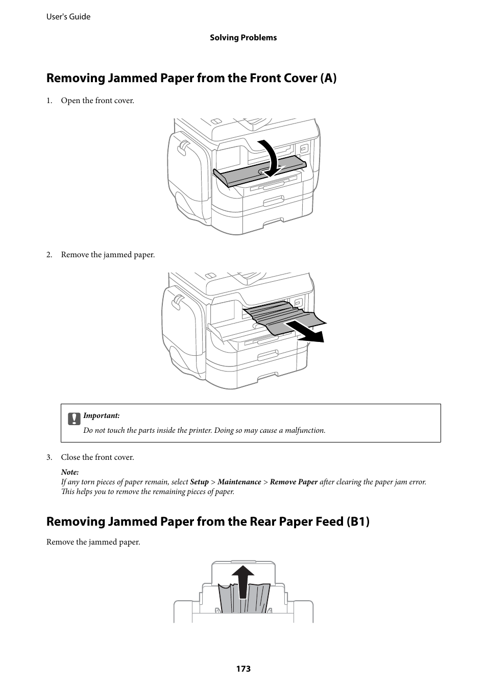 Removing jammed paper from the front cover (a) | Epson WorkForce Pro WF-R8590 DTWF User Manual | Page 173 / 243