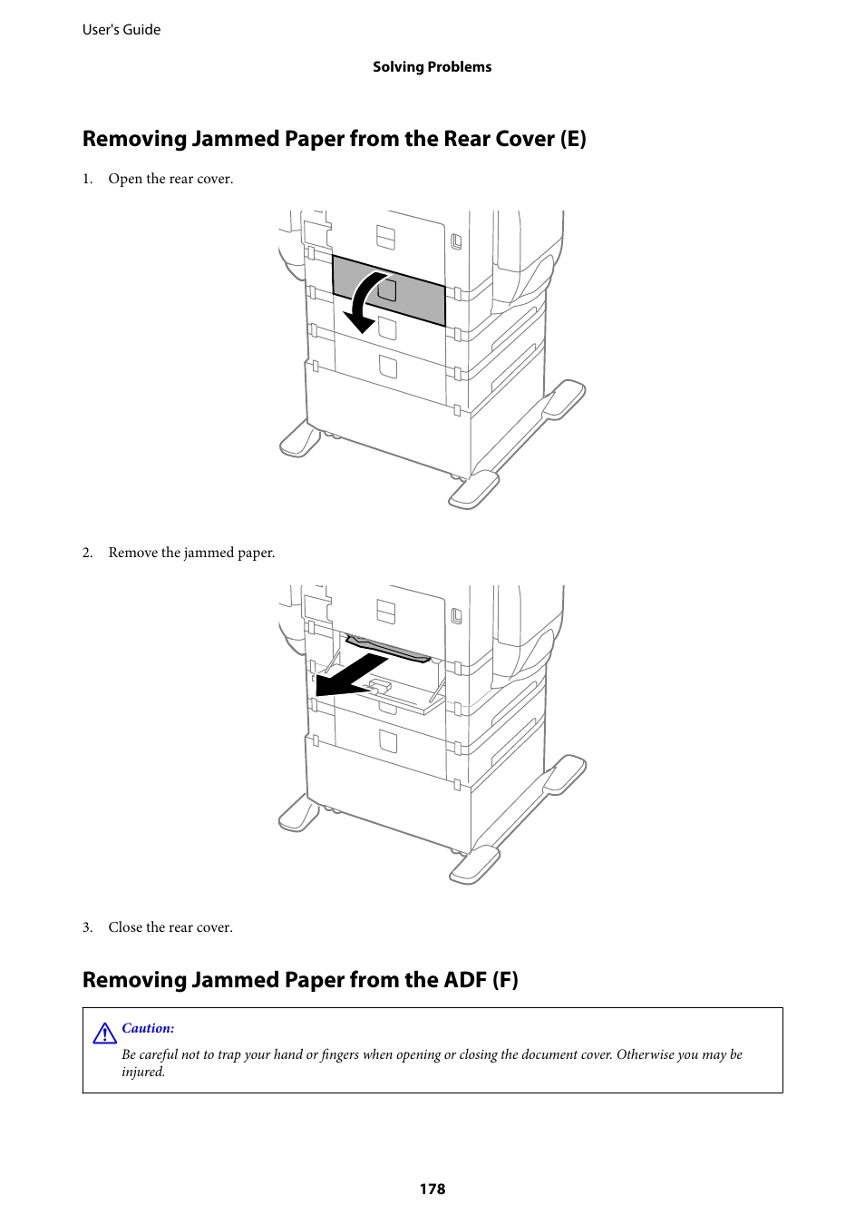 Removing jammed paper from the rear cover (e), Removing jammed paper from the adf (f) | Epson WorkForce Pro WF-R8590 DTWF User Manual | Page 178 / 243