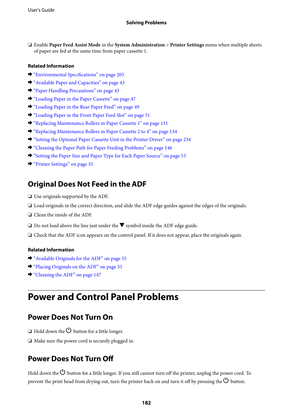 Original does not feed in the adf, Power and control panel problems, Power does not turn on | Power does not turn off, Power does not turn on power does not turn off | Epson WorkForce Pro WF-R8590 DTWF User Manual | Page 182 / 243
