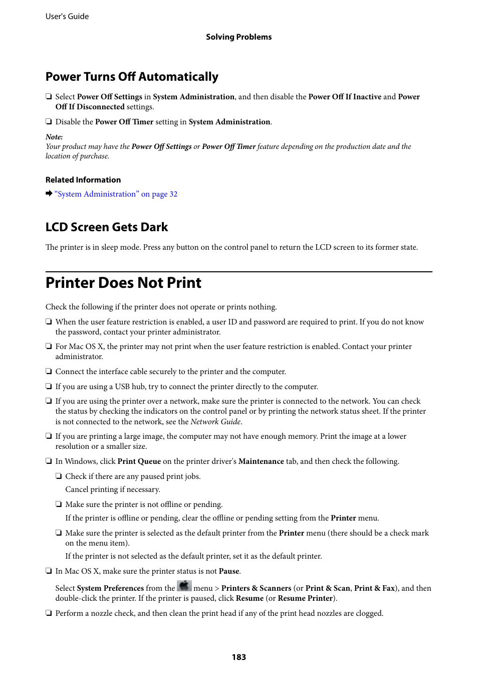 Power turns off automatically, Lcd screen gets dark, Printer does not print | Power turns off automatically lcd screen gets dark | Epson WorkForce Pro WF-R8590 DTWF User Manual | Page 183 / 243