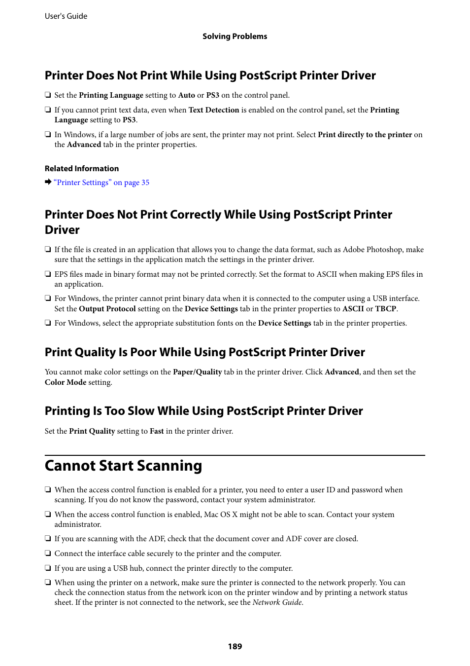 Cannot start scanning | Epson WorkForce Pro WF-R8590 DTWF User Manual | Page 189 / 243