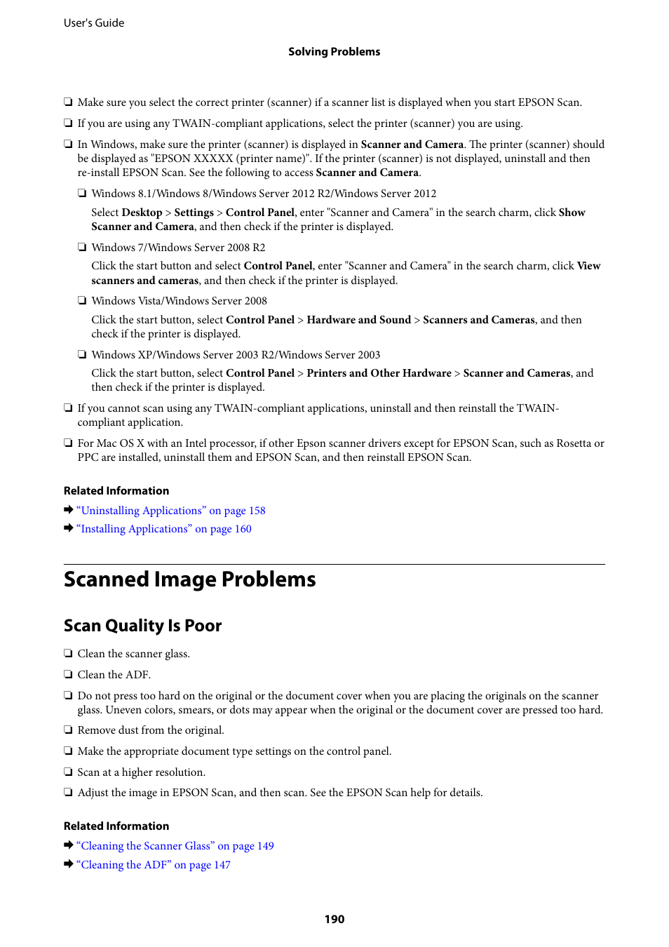 Scanned image problems, Scan quality is poor | Epson WorkForce Pro WF-R8590 DTWF User Manual | Page 190 / 243