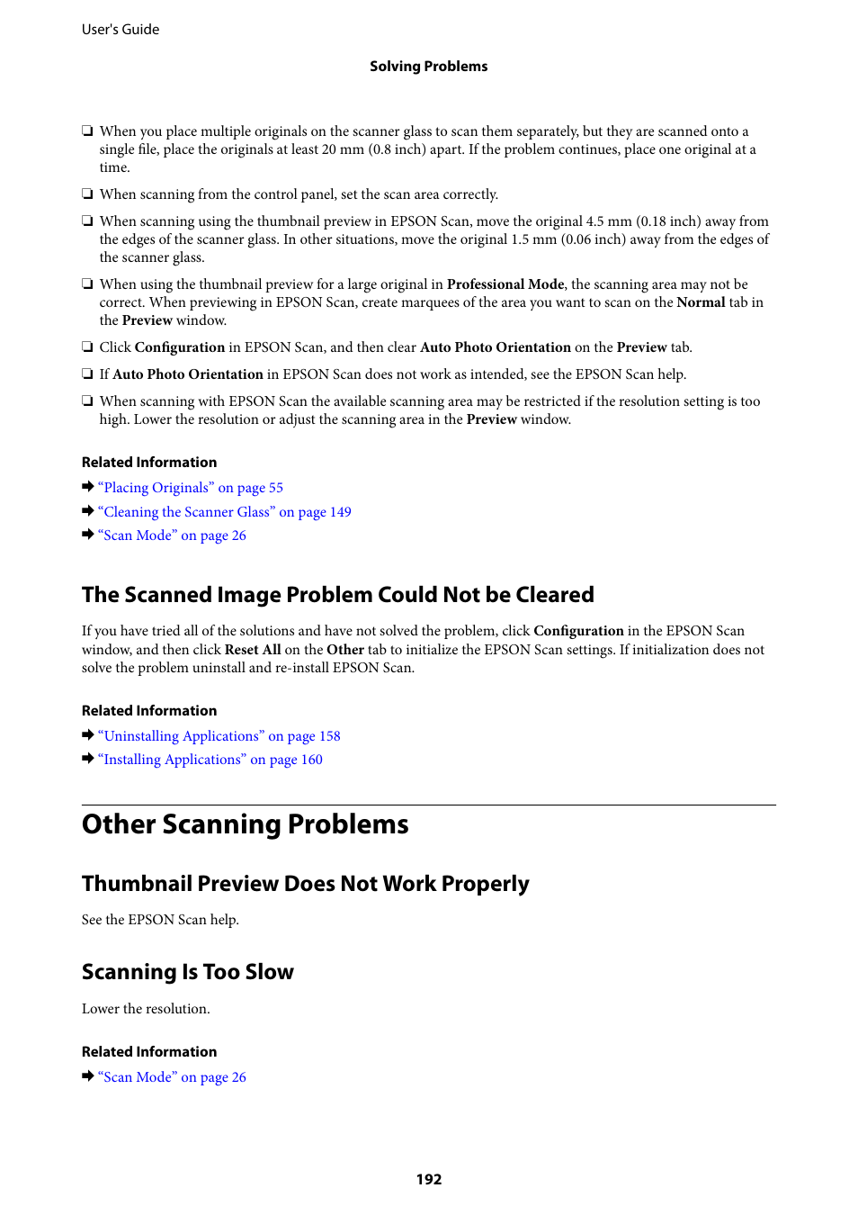 The scanned image problem could not be cleared, Other scanning problems, Thumbnail preview does not work properly | Scanning is too slow | Epson WorkForce Pro WF-R8590 DTWF User Manual | Page 192 / 243