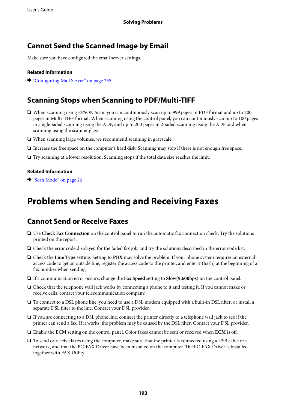 Cannot send the scanned image by email, Scanning stops when scanning to pdf/multi-tiff, Problems when sending and receiving faxes | Cannot send or receive faxes | Epson WorkForce Pro WF-R8590 DTWF User Manual | Page 193 / 243