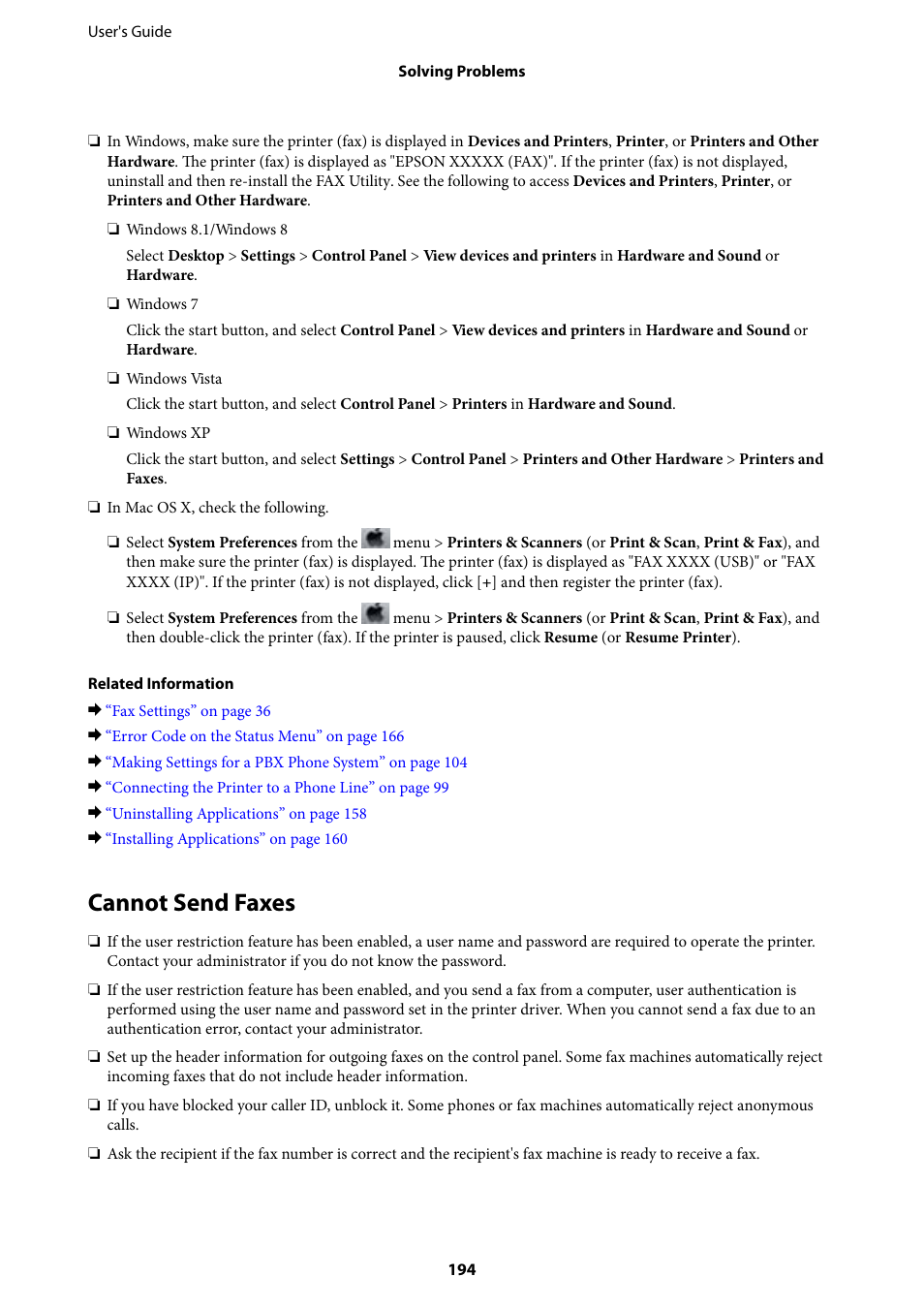 Cannot send faxes | Epson WorkForce Pro WF-R8590 DTWF User Manual | Page 194 / 243