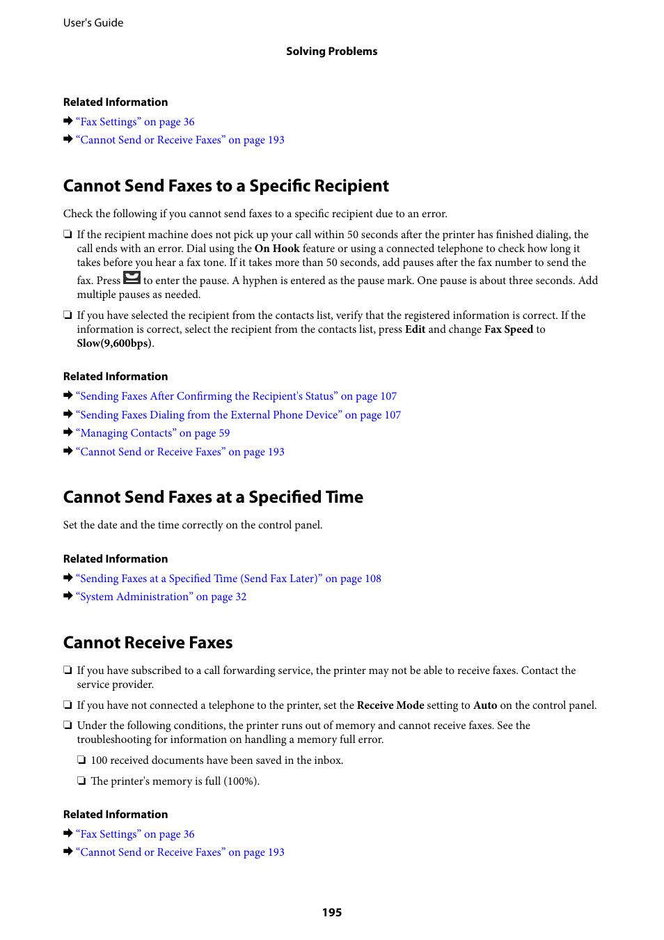 Cannot send faxes to a specific recipient, Cannot send faxes at a specified time, Cannot receive faxes | Epson WorkForce Pro WF-R8590 DTWF User Manual | Page 195 / 243