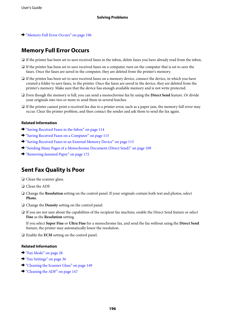 Memory full error occurs, Sent fax quality is poor, Memory full error occurs sent fax quality is poor | Epson WorkForce Pro WF-R8590 DTWF User Manual | Page 196 / 243