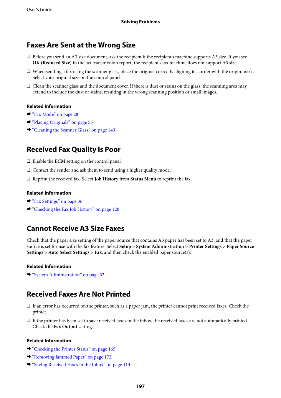 Faxes are sent at the wrong size, Received fax quality is poor, Cannot receive a3 size faxes | Received faxes are not printed | Epson WorkForce Pro WF-R8590 DTWF User Manual | Page 197 / 243