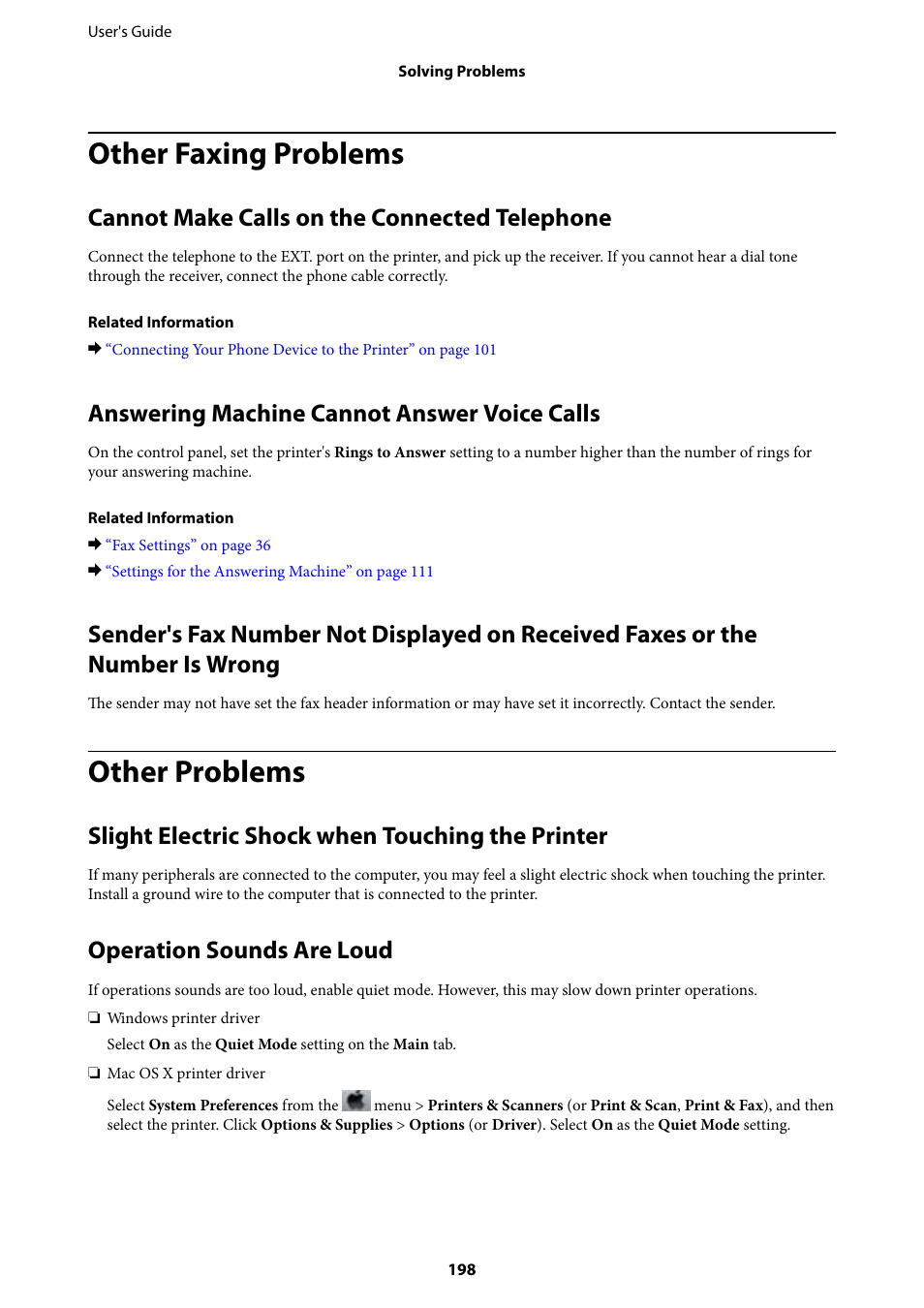 Other faxing problems, Cannot make calls on the connected telephone, Answering machine cannot answer voice calls | Other problems, Slight electric shock when touching the printer, Operation sounds are loud | Epson WorkForce Pro WF-R8590 DTWF User Manual | Page 198 / 243