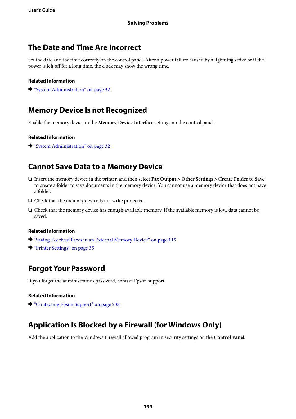 The date and time are incorrect, Memory device is not recognized, Cannot save data to a memory device | Forgot your password | Epson WorkForce Pro WF-R8590 DTWF User Manual | Page 199 / 243