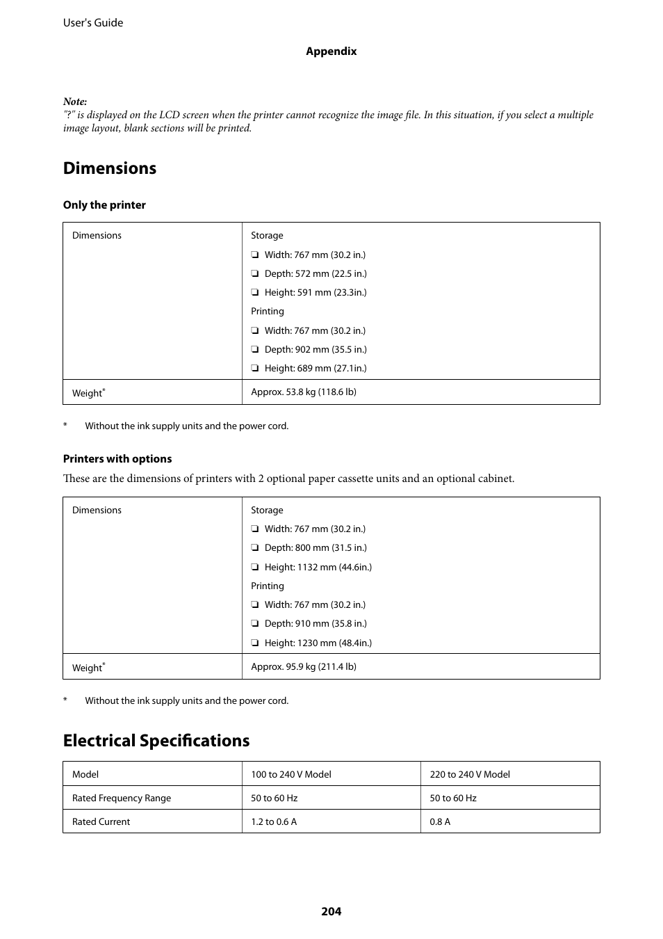 Dimensions, Electrical specifications, Dimensions electrical specifications | Epson WorkForce Pro WF-R8590 DTWF User Manual | Page 204 / 243