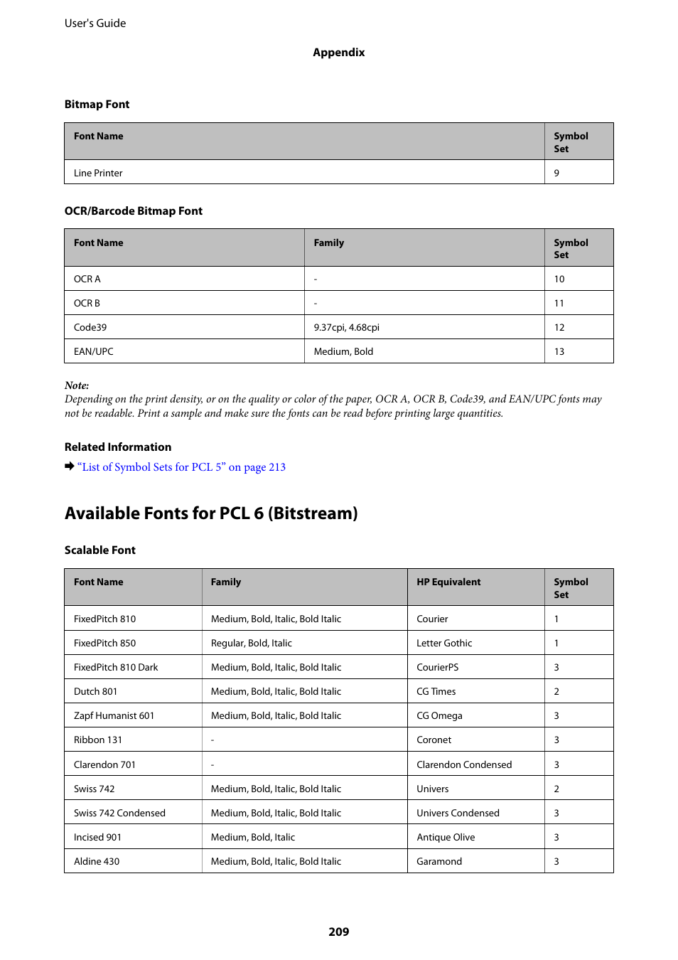 Available fonts for pcl 6 (bitstream) | Epson WorkForce Pro WF-R8590 DTWF User Manual | Page 209 / 243