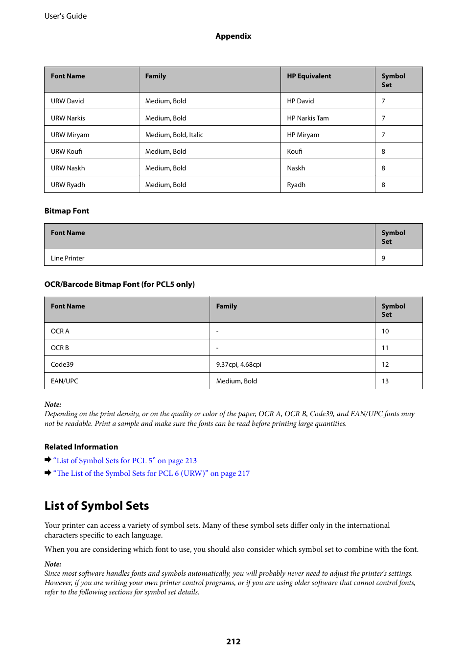 List of symbol sets | Epson WorkForce Pro WF-R8590 DTWF User Manual | Page 212 / 243