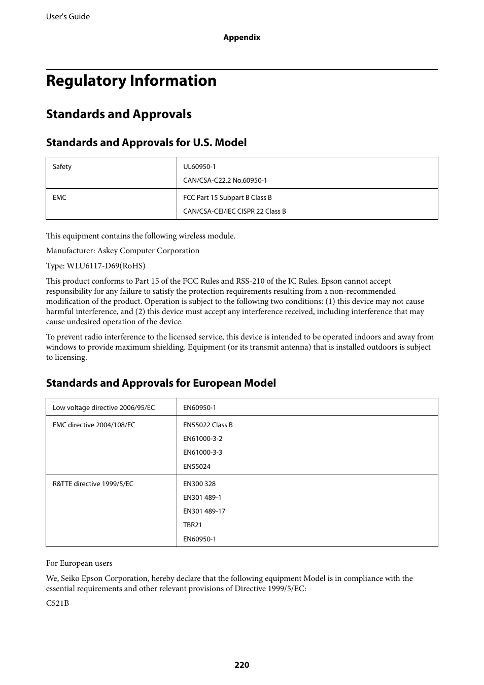Regulatory information, Standards and approvals, Standards and approvals for u.s. model | Standards and approvals for european model | Epson WorkForce Pro WF-R8590 DTWF User Manual | Page 220 / 243
