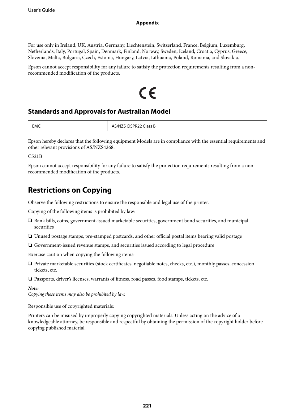 Restrictions on copying, Standards and approvals for australian model | Epson WorkForce Pro WF-R8590 DTWF User Manual | Page 221 / 243