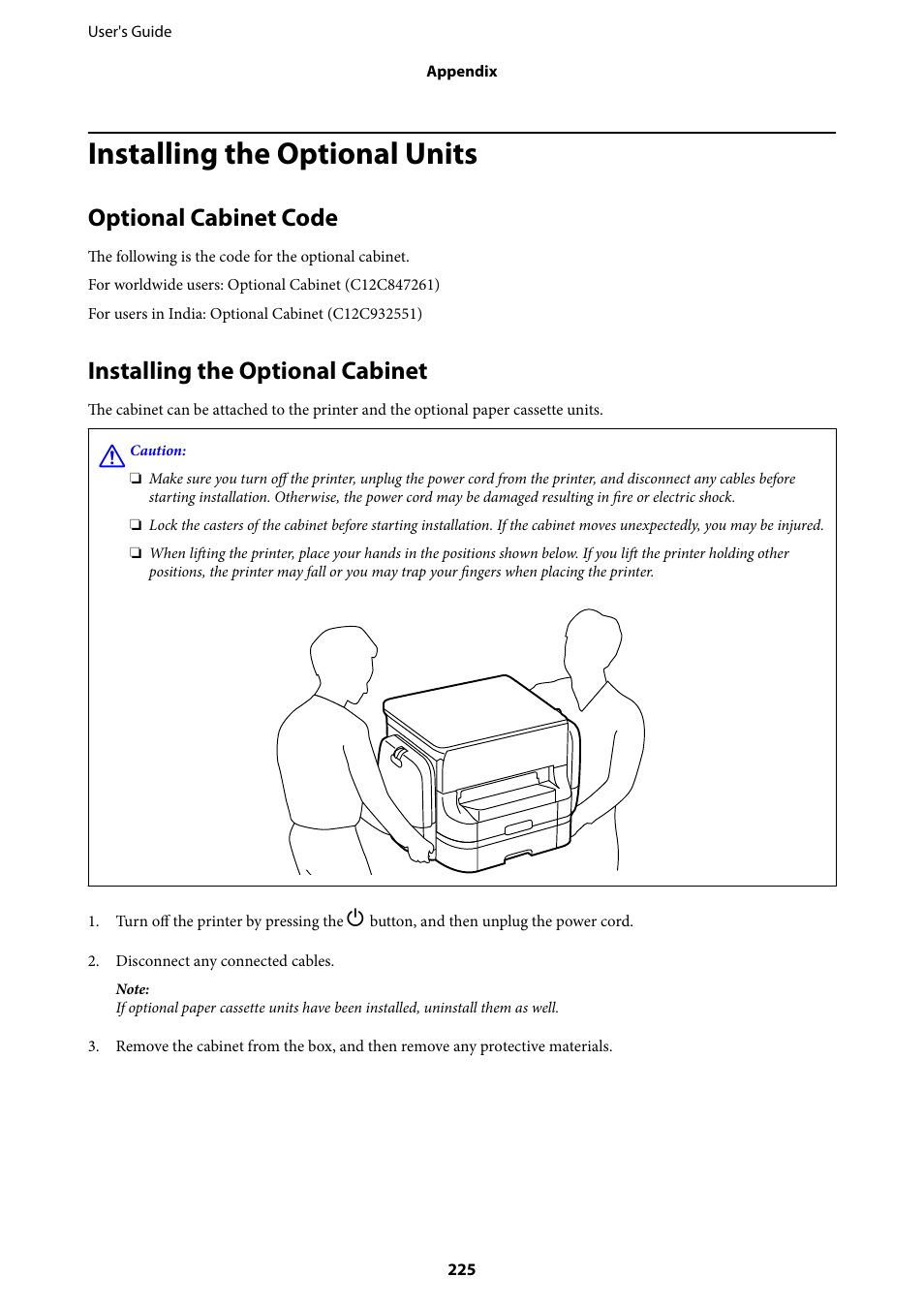 Installing the optional units, Optional cabinet code, Installing the optional cabinet | Epson WorkForce Pro WF-R8590 DTWF User Manual | Page 225 / 243