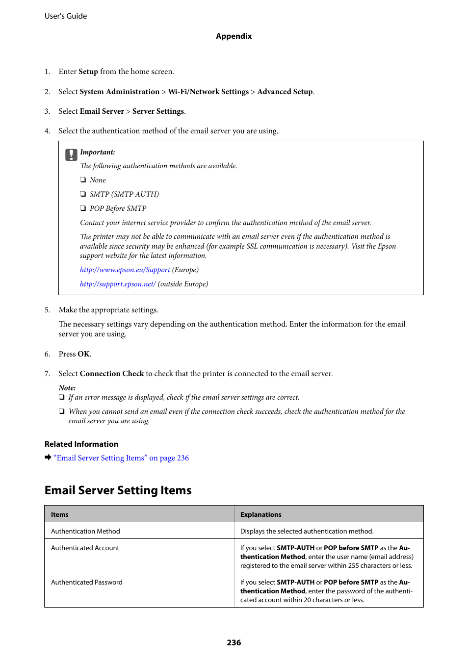 Email server setting items | Epson WorkForce Pro WF-R8590 DTWF User Manual | Page 236 / 243