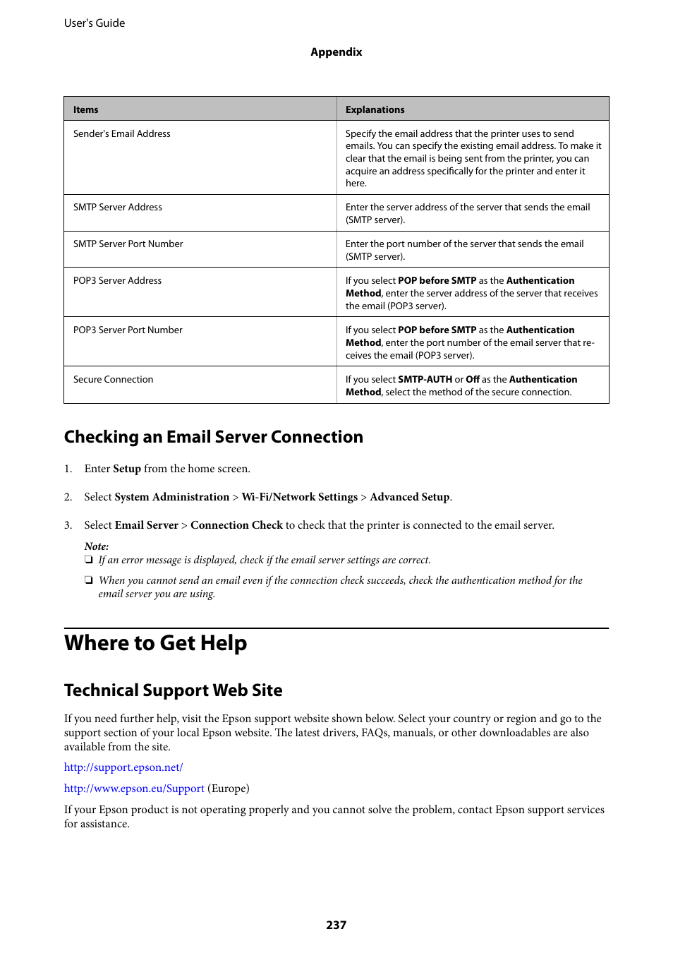 Checking an email server connection, Where to get help, Technical support web site | Epson WorkForce Pro WF-R8590 DTWF User Manual | Page 237 / 243