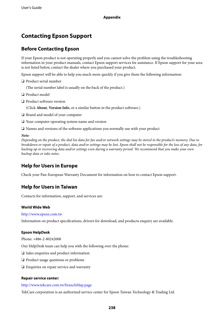 Contacting epson support, Before contacting epson, Help for users in europe | Help for users in taiwan | Epson WorkForce Pro WF-R8590 DTWF User Manual | Page 238 / 243